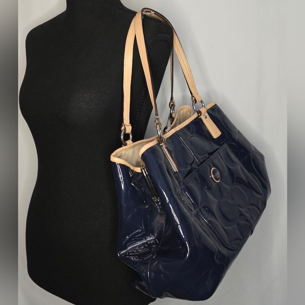 Coach Patent Leather Signature Tote – Navy Blue with Tan Trim, Leather Handles - Picture 3 of 11
